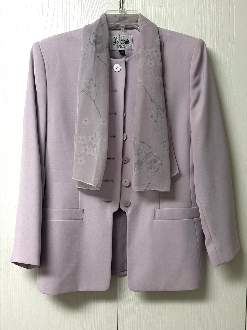 Le Suit Petite Lavender Blazer and Skirt Suit with Scarf
